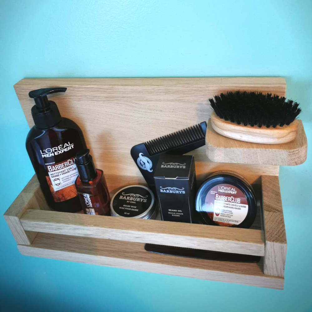 etagère-chene-soin-barbe-rangement-salledebain étagère-décoration-rangement-homme-barbe-bois-salle-de-bain-artisanal
