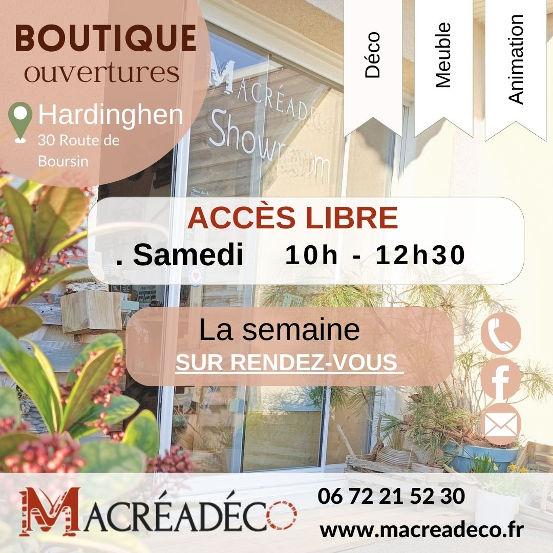Horaire-Boutique-Macréadéco Horaire showroom Macréadéco boutique cadeau déco Hardinghen